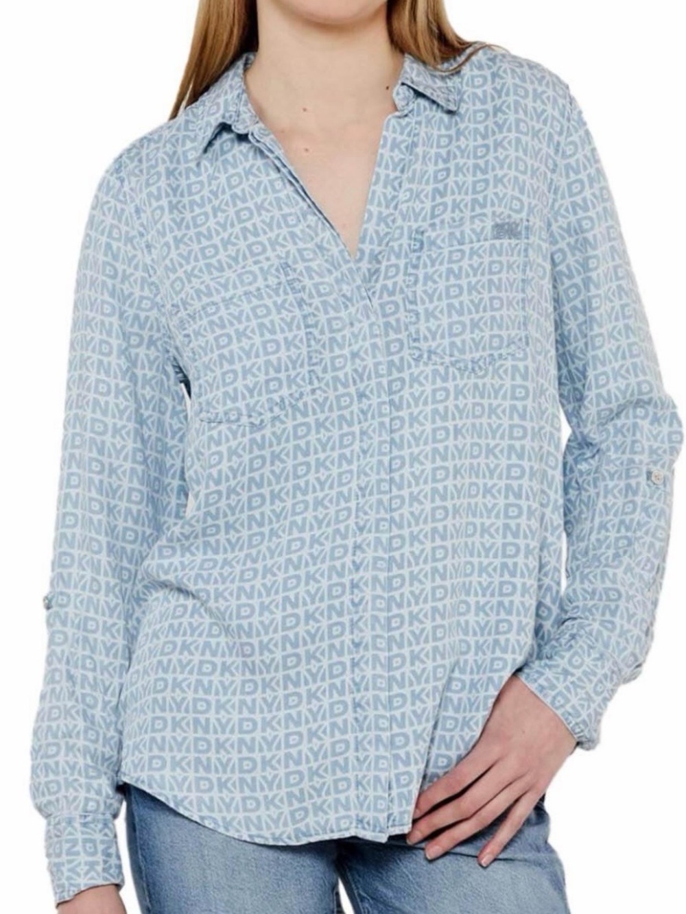 DKNY Jeans Blue White Monogram Long Sleeve Button-Up Shirt Size L